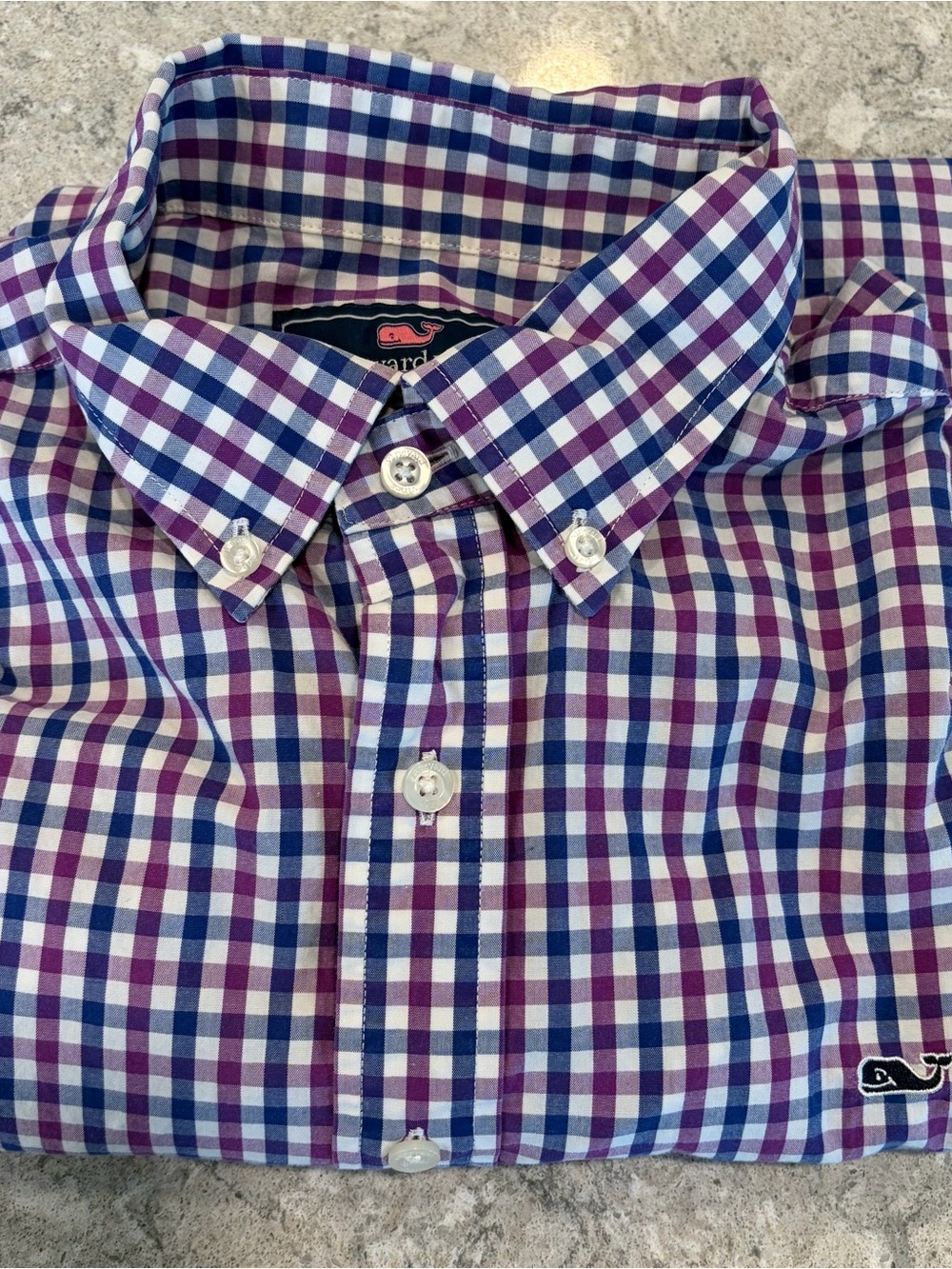 Vineyard Vines Purple and Blue Gingham Button-Down Whale Shirt-Large
